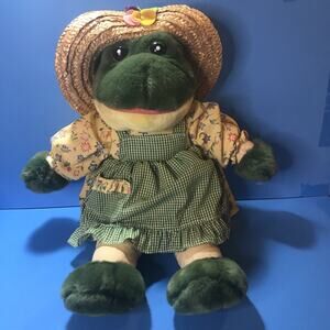 Vintage Frog Plush Walmart Straw Hat Dress 18" Tall Toy Stuffed Animal Green